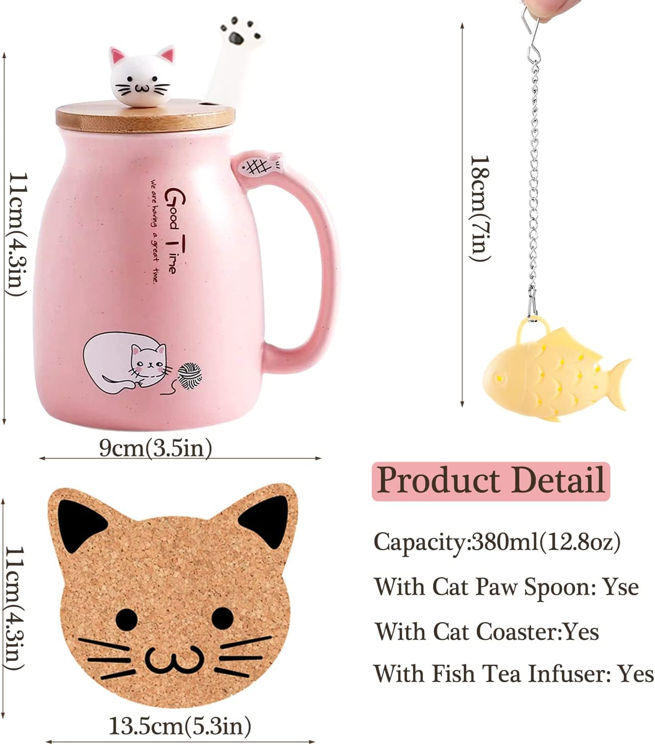 Kawaii Tea Cup with Infuser Cute Cat Mug Ceramic Coffee Mug Tea Mug Pink Cute Cool Preppy Stuff Gifts for Women Cat Lover Gifts 13Oz