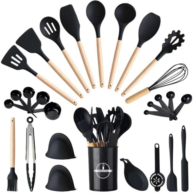 Cookware Set, Silicone Cooking Utensils Set, Including Spatula, Cooking Shovel, Spoon, Whisk, Colander, Summer Light Wooden Handle Cooking Utensils