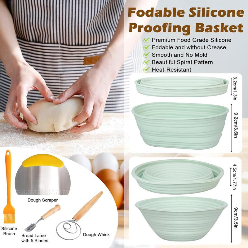 Upgraded Thickened Version Silicone Banneton Bread Proofing Baskets 9 Inch round & 10 Inch Oval Sourdough Safe Baking Basket Complete Set for Bread Making with Tools, Foldable Design for Convenient Storage，Kitchen Bakeware Tools，Kitchen Utensils