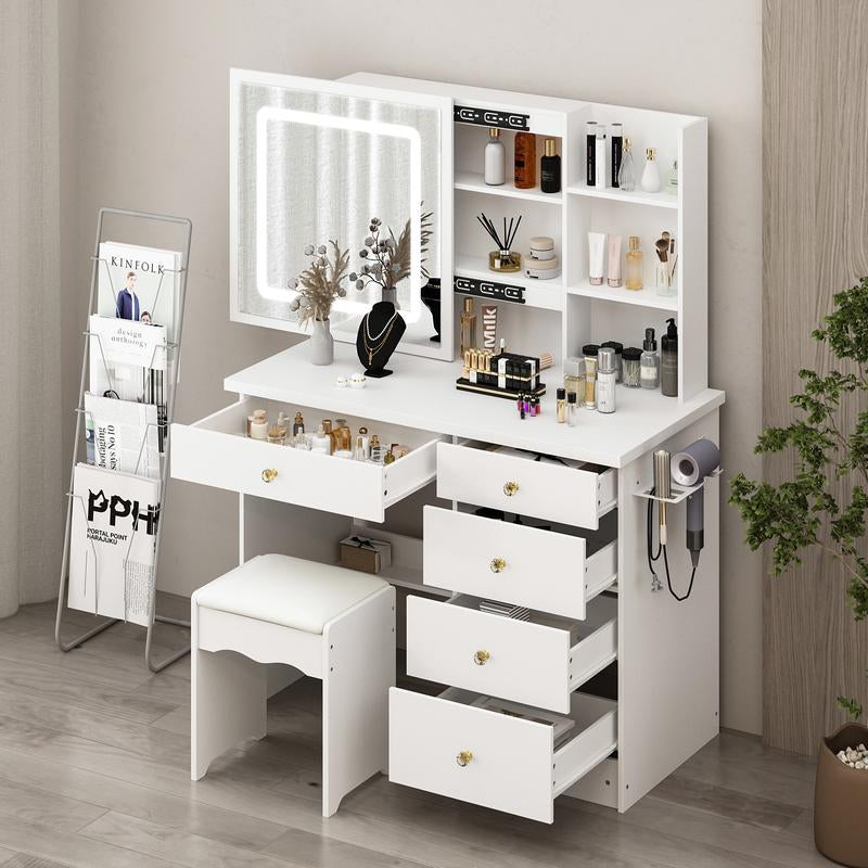 FUFU&GAGA Makeup Vanity Desk Set with Sliding Lighted Mirror, Power Strip & Hair Dryer Holder, with Drawers, Storage Shelves & Stool