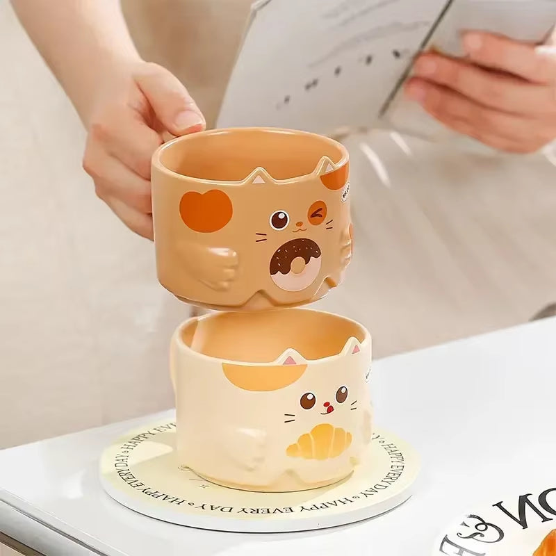 Cartoon Cat Cup 300ML Ceramics Stacked Cup Household Water Goblet Creative Cat'S Ear Mug Copper Cups with Handle Ceramic Mug