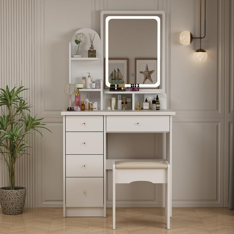 MIDHAM LED Makeup Vanity Set with Drawer and Shelf, Wood Dressing Table with Lighted Screen Mirror and Jewelry Organizer for Bedroom,