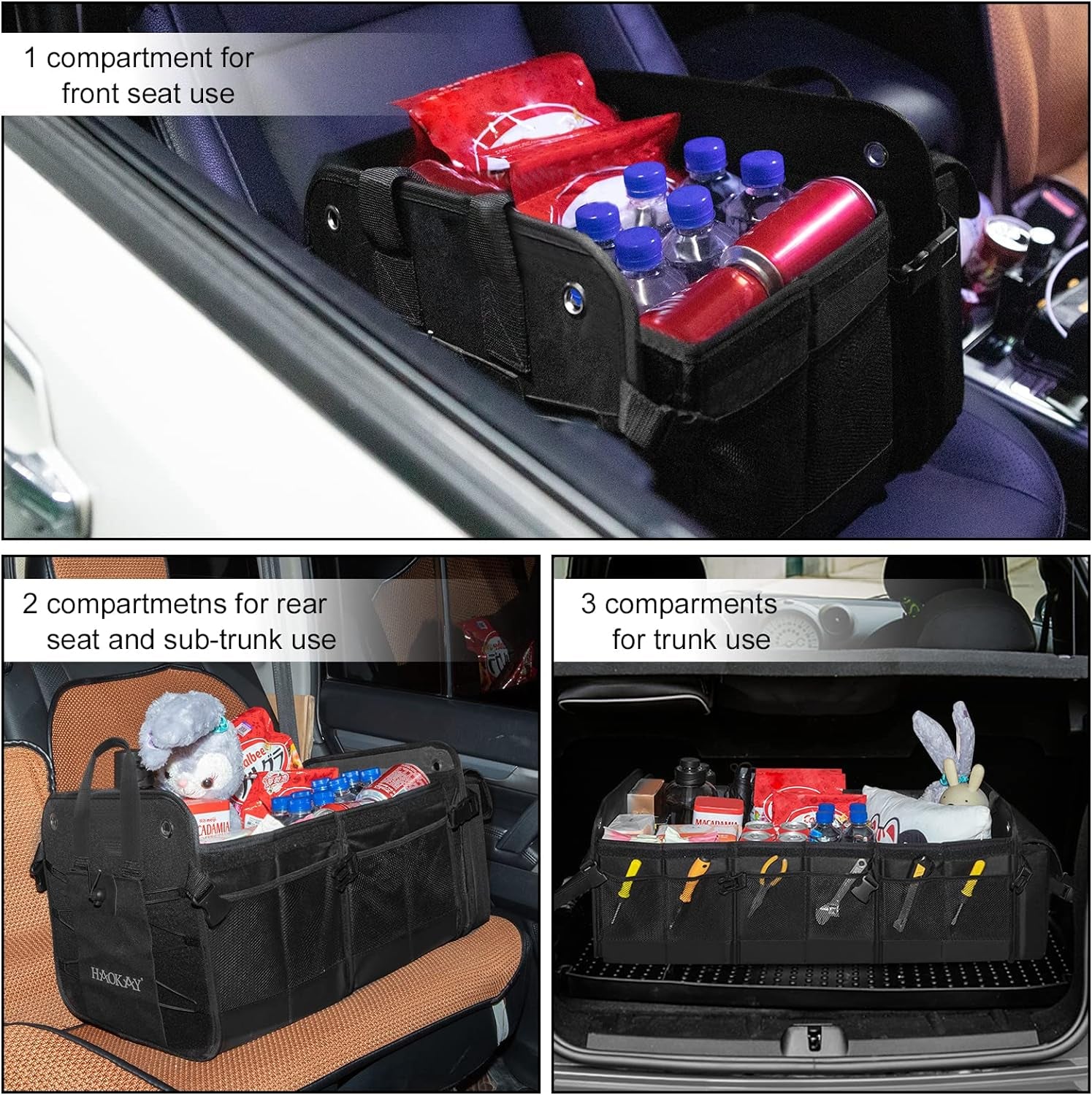 Heavy Duty Large Car Trunk Orgnaizer, SUV Trunk Organizer, Car Storage Organizer with Removable Insulated Leakproof Cooler Bag， Collapsible Car Organizer Foldable Cover