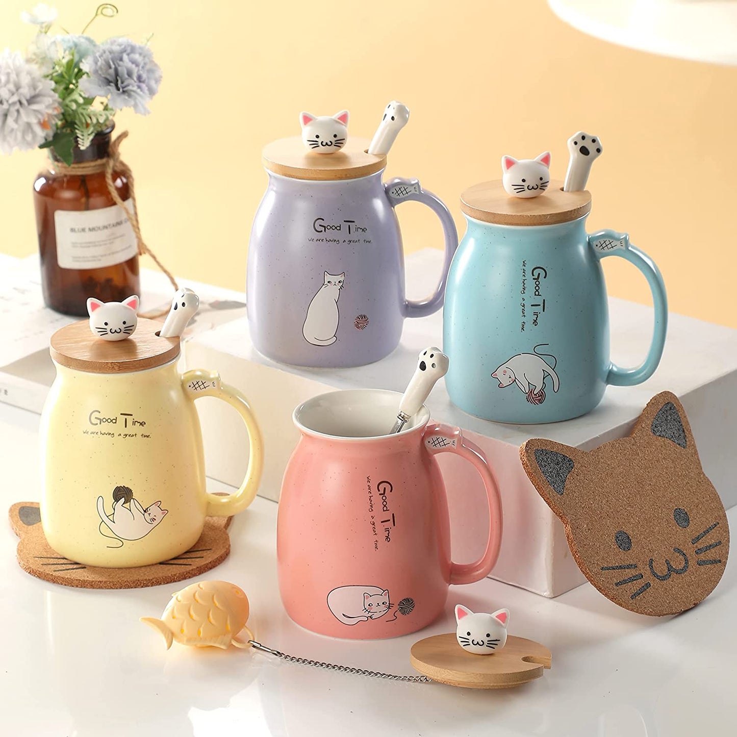 Kawaii Tea Cup with Infuser Cute Cat Mug Ceramic Coffee Mug Tea Mug Pink Cute Cool Preppy Stuff Gifts for Women Cat Lover Gifts 13Oz