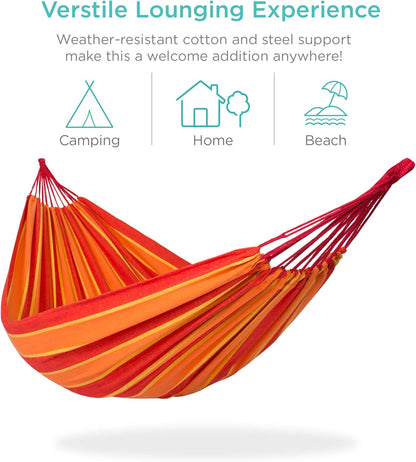 2-Person Indoor Outdoor Brazilian-Style Cotton Double Hammock Bed W/Portable Carrying Bag - Orange