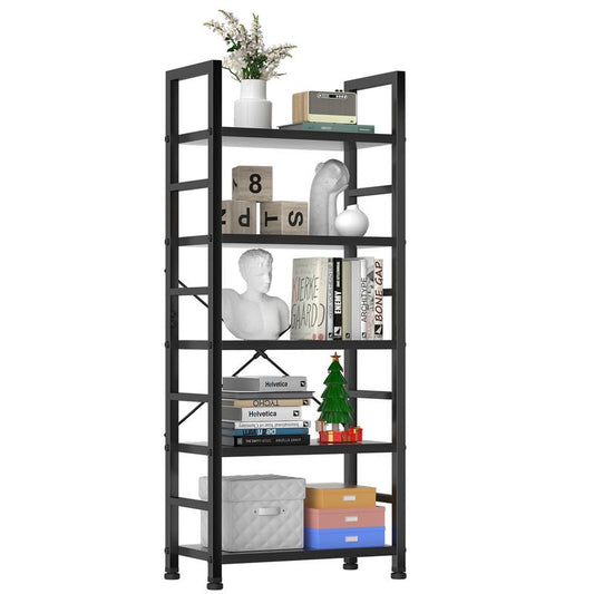 Homesquad 5-Tier Tall Bookshelf: Classically Modern Storage Organizer for Cds, Movies, and Books in Home Office, Living Room, Kitchen, and Bedroom. Metal Racks