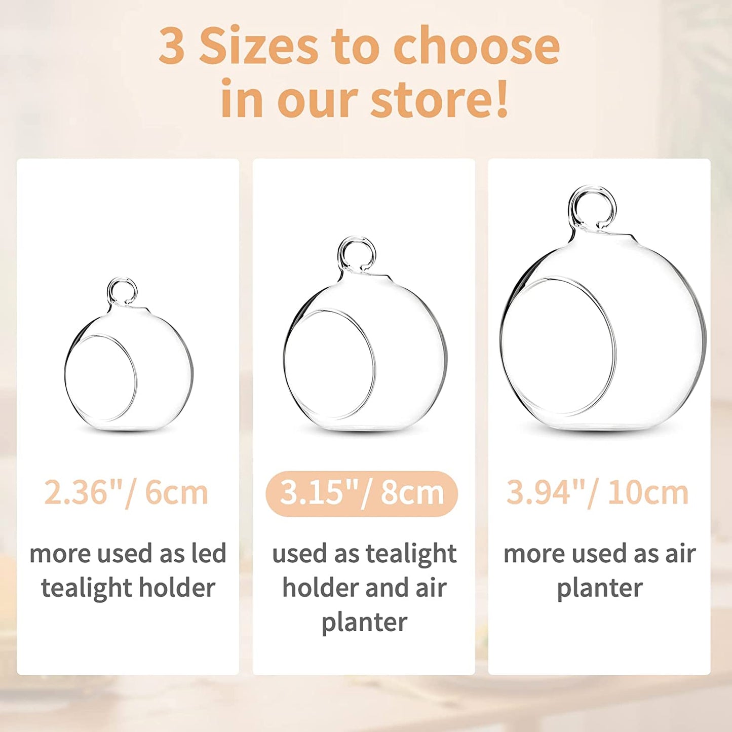 12 Pcs 3.15"/ 8Cm Hanging Glass Tealight Holder Globe Plant Terrariums Glass Orbs Air Plants Tea Light Candle Holders Home Decor Indoor Outdoor Garden DIY Gifts (9 Pcs + 3 Pcs)