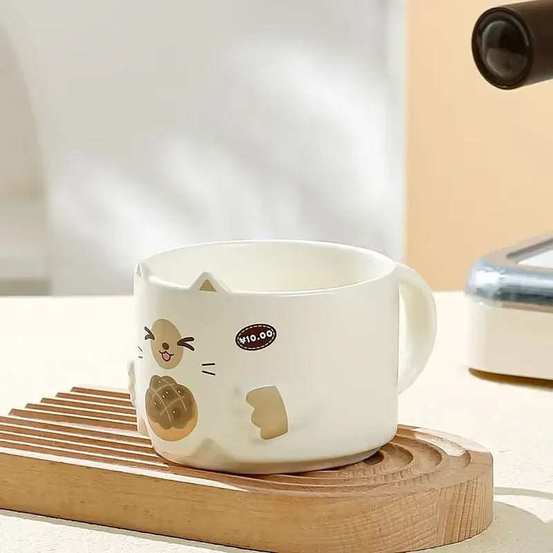 Cartoon Cat Cup 300ML Ceramics Stacked Cup Household Water Goblet Creative Cat'S Ear Mug Copper Cups with Handle Ceramic Mug