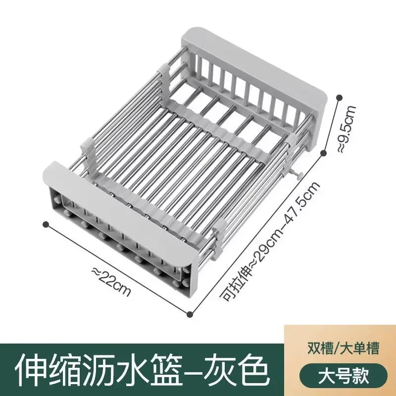 Adjustable Dish Drainer Stainless Steel Sink Drain Dish Rack Fruit Vegetable Drainer Kitchen Tableware Drain Basket Rack Storage