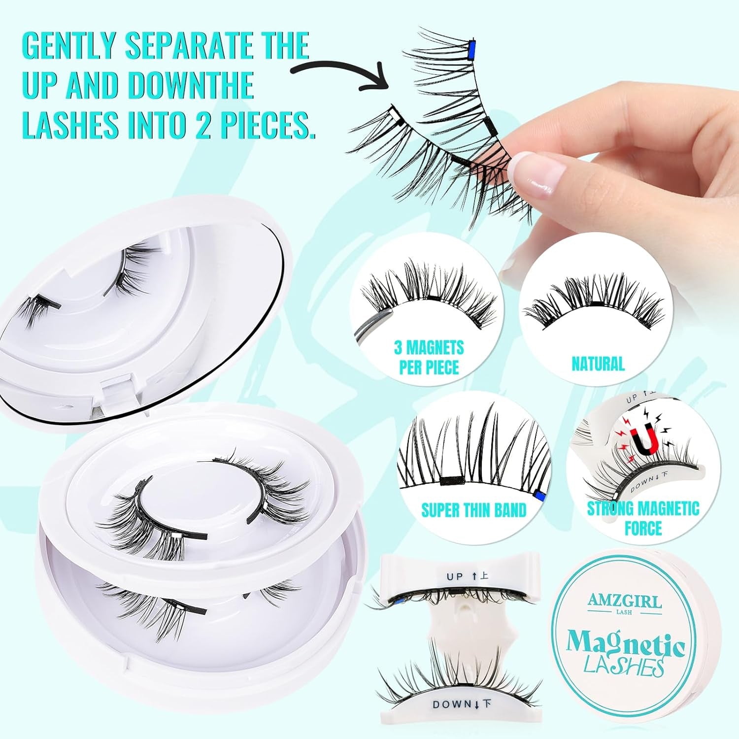 Magnetic Eyelashes with Lash Clusters Applicator 3 Magnets Natural Magnetic False Lashes Kit Wispy Reusable Cluster Eyelash Extensions with Magnets No Lashes Glue or Liner Needed(2 Pairs-Natural)