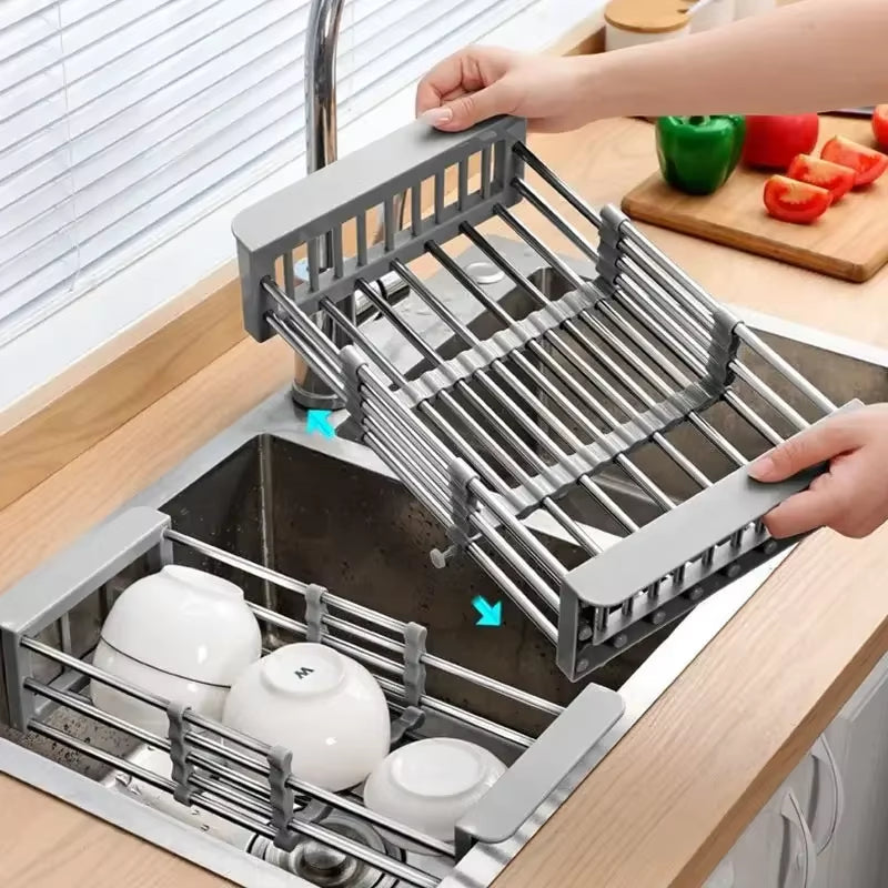 Adjustable Dish Drainer Stainless Steel Sink Drain Dish Rack Fruit Vegetable Drainer Kitchen Tableware Drain Basket Rack Storage