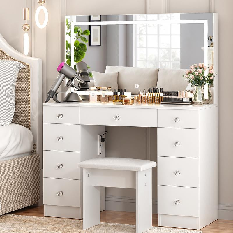 VOWNER 43" Makeup Vanity Desk with White Table Top,Lighted Mirror ,9 Drawers, Soft Cushioned Stool for Bedroom