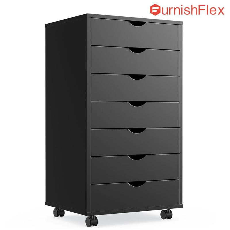 Sweetfurniture 7 Drawer Chest- Dressers Storage Cabinets Wooden Dresser Mobile Cabinet with Wheels Bedroom Organizer Drawers for Office, Home Officecabinet