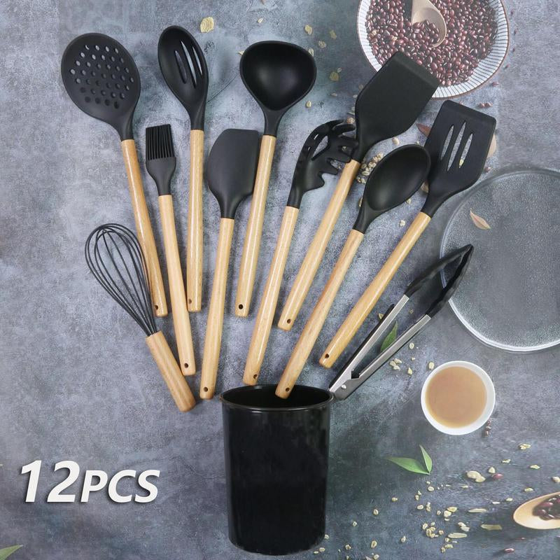 Cookware Set, Silicone Cooking Utensils Set, Including Spatula, Cooking Shovel, Spoon, Whisk, Colander, Summer Light Wooden Handle Cooking Utensils