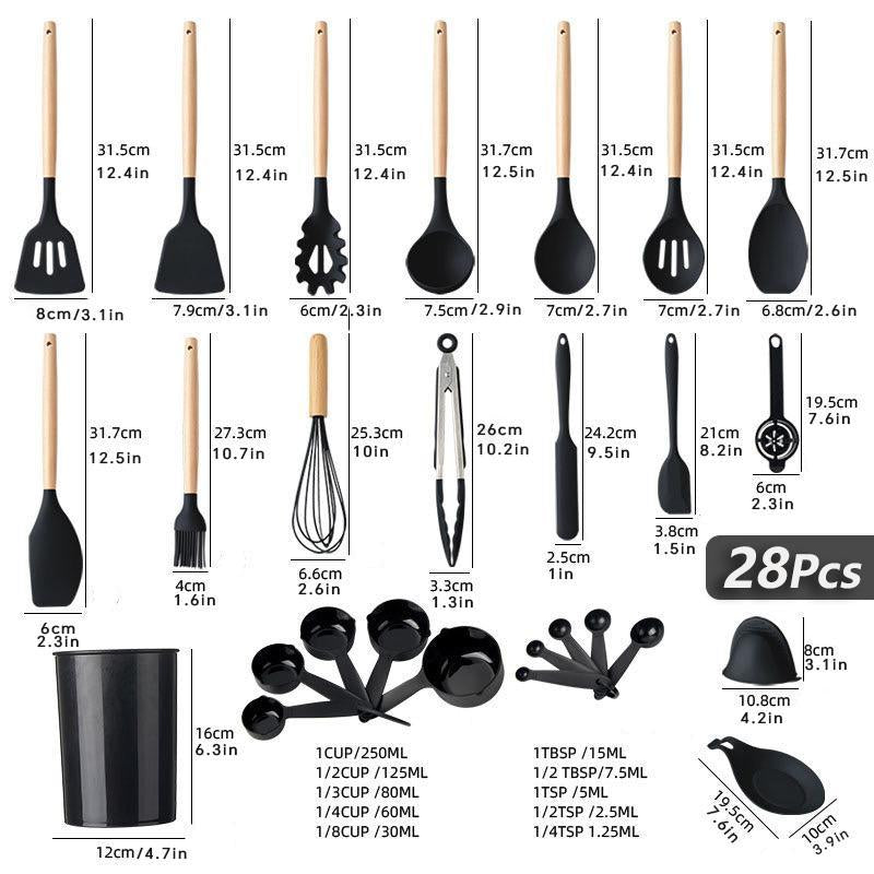 Cookware Set, Silicone Cooking Utensils Set, Including Spatula, Cooking Shovel, Spoon, Whisk, Colander, Summer Light Wooden Handle Cooking Utensils