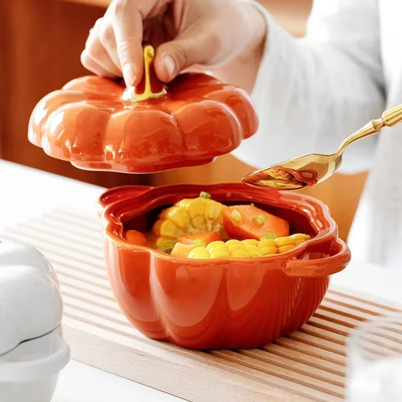 Pumpkin Ceramic Bowl with Lid Microwave Bakeware Oven Baking Kitchen Halloween Party Festival Decoration Ramen Cereal Bowl Set