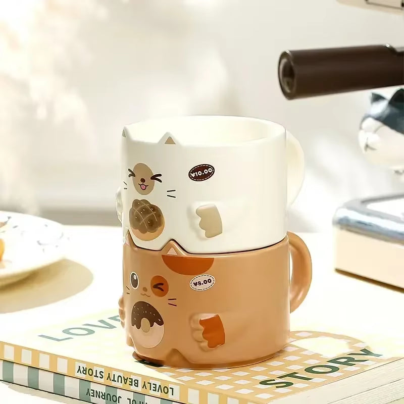 Cartoon Cat Cup 300ML Ceramics Stacked Cup Household Water Goblet Creative Cat'S Ear Mug Copper Cups with Handle Ceramic Mug