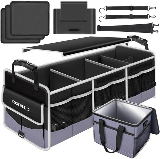 Car Trunk Organizer with Portable Leak Proof Cooler Bag, 3 Compartments Collapsible Car Organizers and Storage with Foldable Cover, Adjustable Securing Straps for SUV, Auto, Truck, Minivan