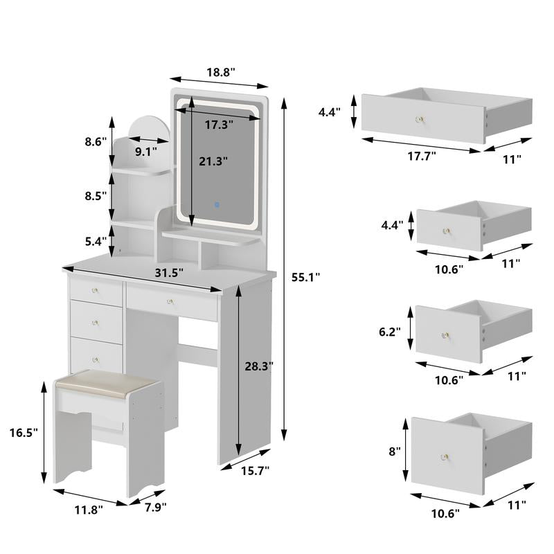 MIDHAM LED Makeup Vanity Set with Drawer and Shelf, Wood Dressing Table with Lighted Screen Mirror and Jewelry Organizer for Bedroom,