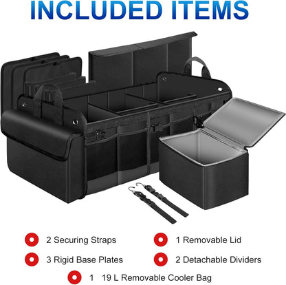 Heavy Duty Large Car Trunk Orgnaizer, SUV Trunk Organizer, Car Storage Organizer with Removable Insulated Leakproof Cooler Bag， Collapsible Car Organizer Foldable Cover