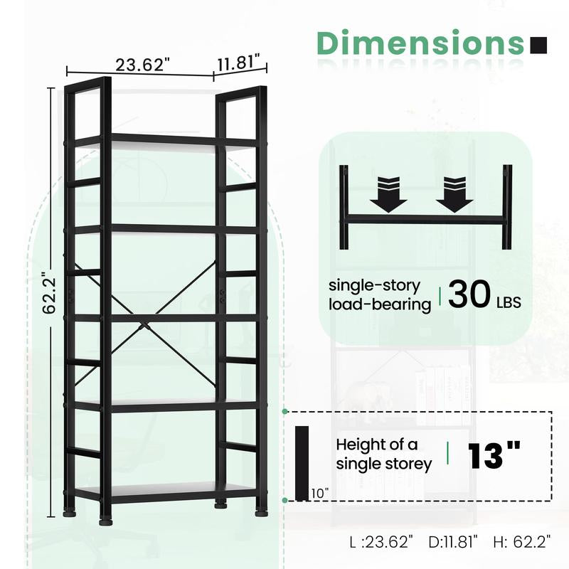 Homesquad 5-Tier Tall Bookshelf: Classically Modern Storage Organizer for Cds, Movies, and Books in Home Office, Living Room, Kitchen, and Bedroom. Metal Racks