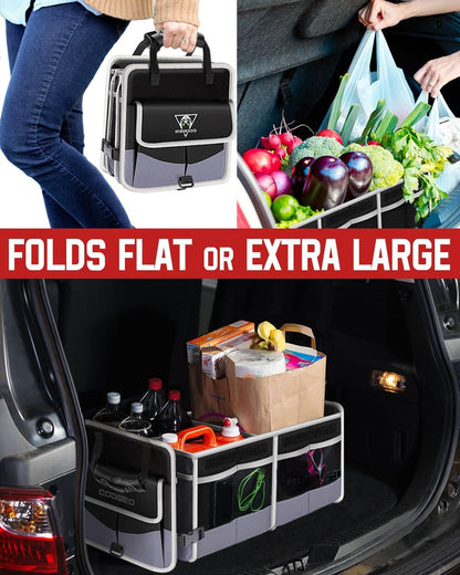 Car Trunk Organizer with Portable Leak Proof Cooler Bag, 3 Compartments Collapsible Car Organizers and Storage with Foldable Cover, Adjustable Securing Straps for SUV, Auto, Truck, Minivan