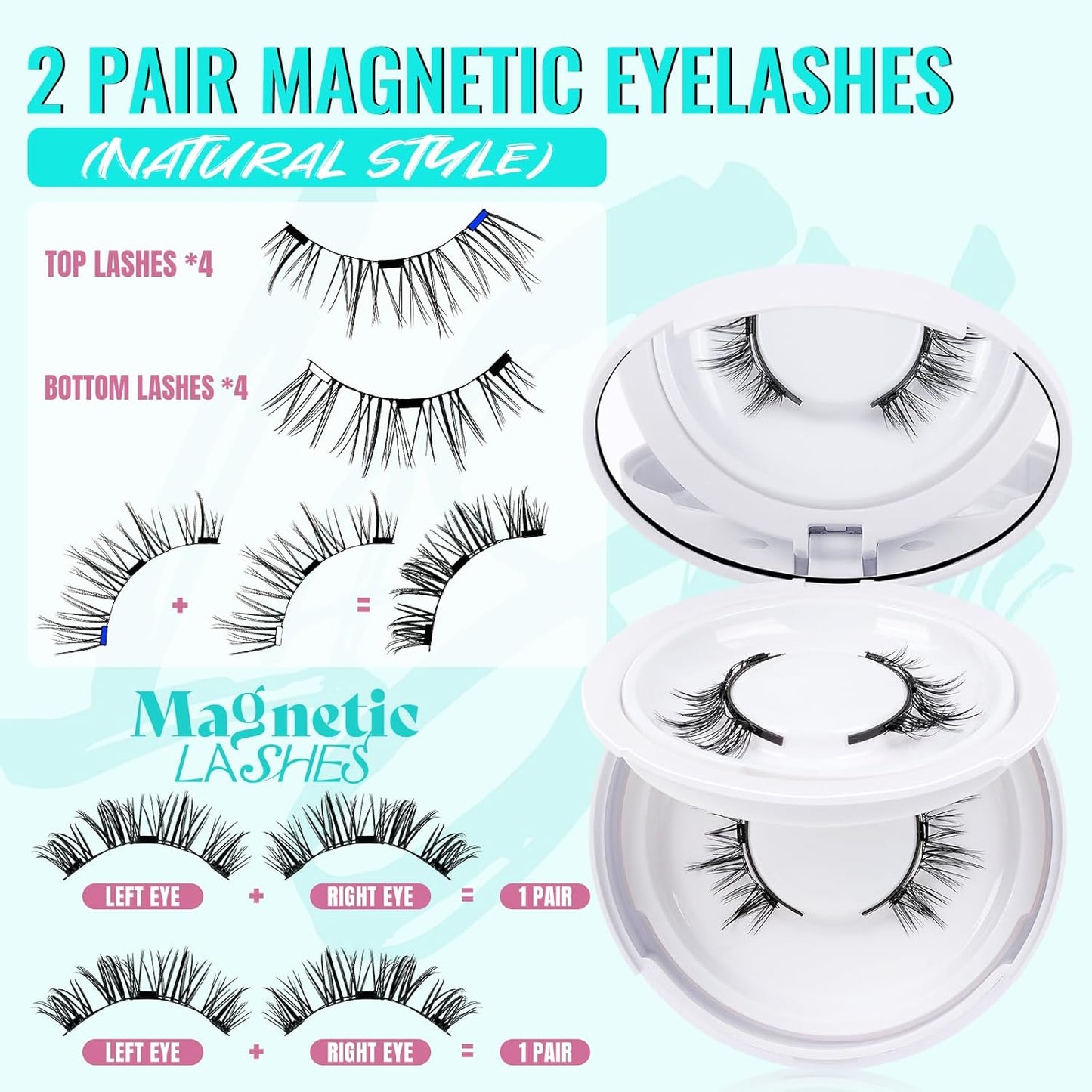 Magnetic Eyelashes with Lash Clusters Applicator 3 Magnets Natural Magnetic False Lashes Kit Wispy Reusable Cluster Eyelash Extensions with Magnets No Lashes Glue or Liner Needed(2 Pairs-Natural)