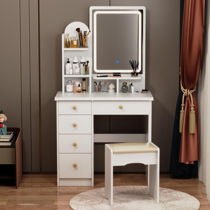 MIDHAM LED Makeup Vanity Set with Drawer and Shelf, Wood Dressing Table with Lighted Screen Mirror and Jewelry Organizer for Bedroom,