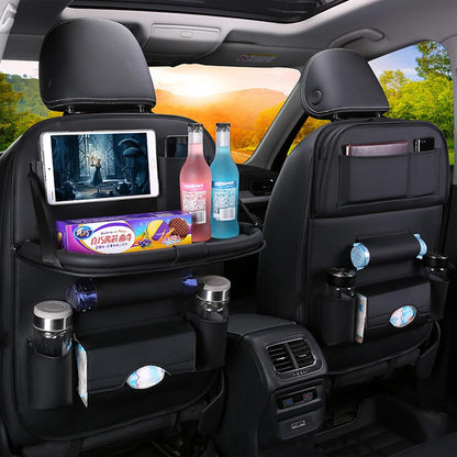 Car Back Seat Organizer with Foldable Tablet Tray, PU Leather Backseat Car Storage Protectors Kick Mats Universal Travel