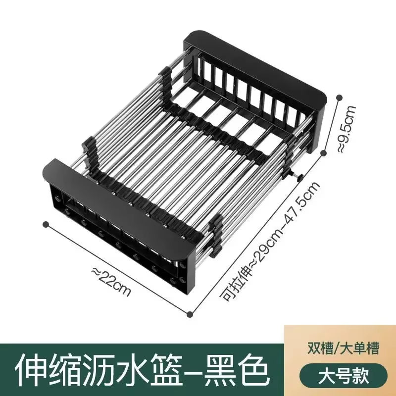 Adjustable Dish Drainer Stainless Steel Sink Drain Dish Rack Fruit Vegetable Drainer Kitchen Tableware Drain Basket Rack Storage