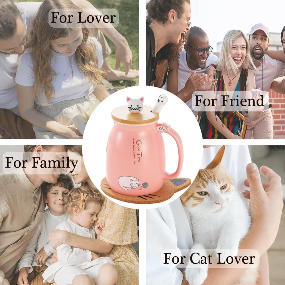 Kawaii Tea Cup with Infuser Cute Cat Mug Ceramic Coffee Mug Tea Mug Pink Cute Cool Preppy Stuff Gifts for Women Cat Lover Gifts 13Oz