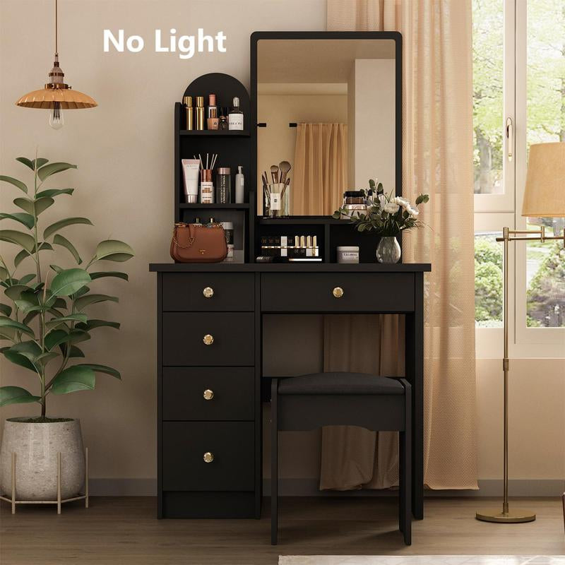 MIDHAM LED Makeup Vanity Set with Drawer and Shelf, Wood Dressing Table with Lighted Screen Mirror and Jewelry Organizer for Bedroom,