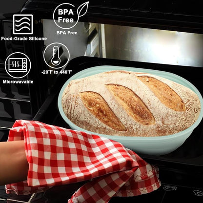 Upgraded Thickened Version Silicone Banneton Bread Proofing Baskets 9 Inch round & 10 Inch Oval Sourdough Safe Baking Basket Complete Set for Bread Making with Tools, Foldable Design for Convenient Storage，Kitchen Bakeware Tools，Kitchen Utensils