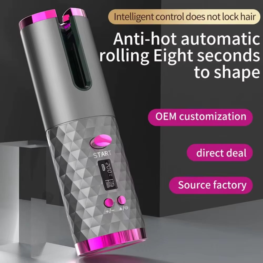 Automatic Wireless Hair Curler Cordless Rotating USB Rechargeable Curling Iron Display Temperature Adjustable Timing Hair Curler