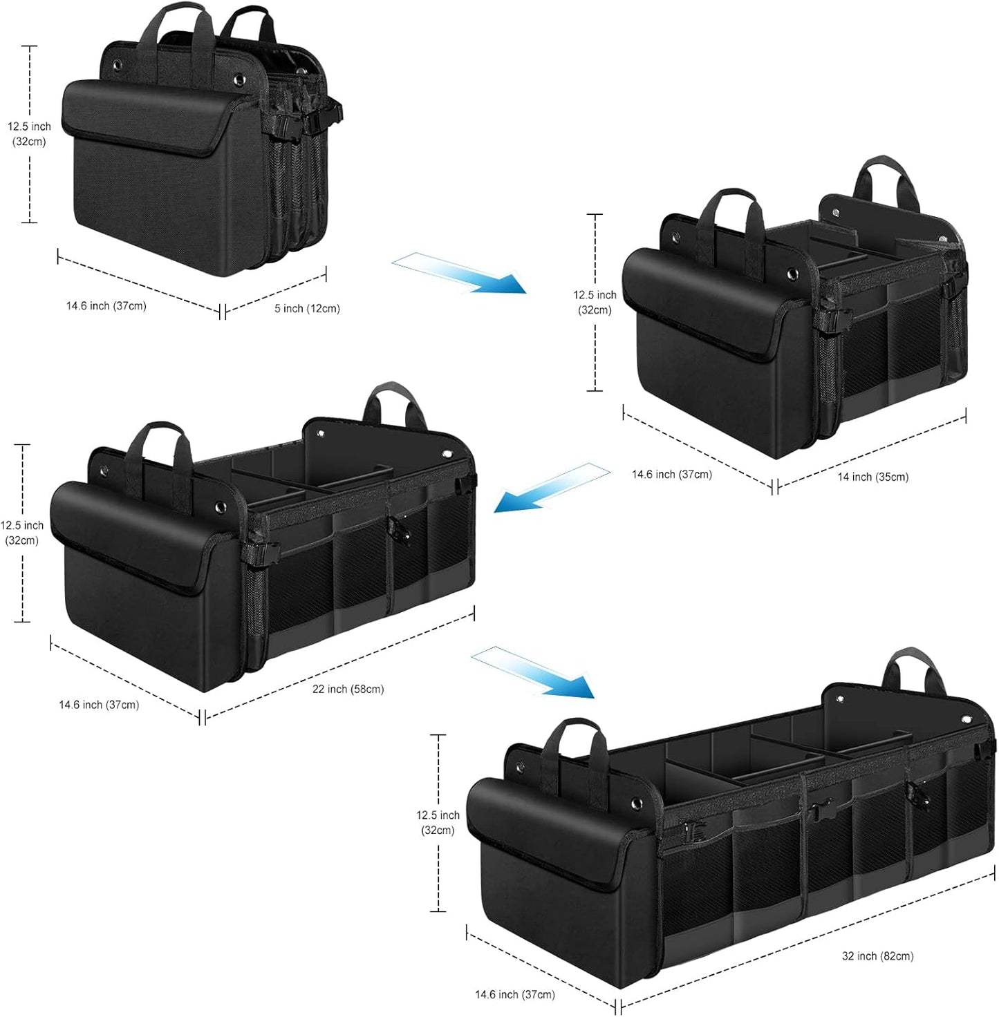 Heavy Duty Large Car Trunk Orgnaizer, SUV Trunk Organizer, Car Storage Organizer with Removable Insulated Leakproof Cooler Bag， Collapsible Car Organizer Foldable Cover