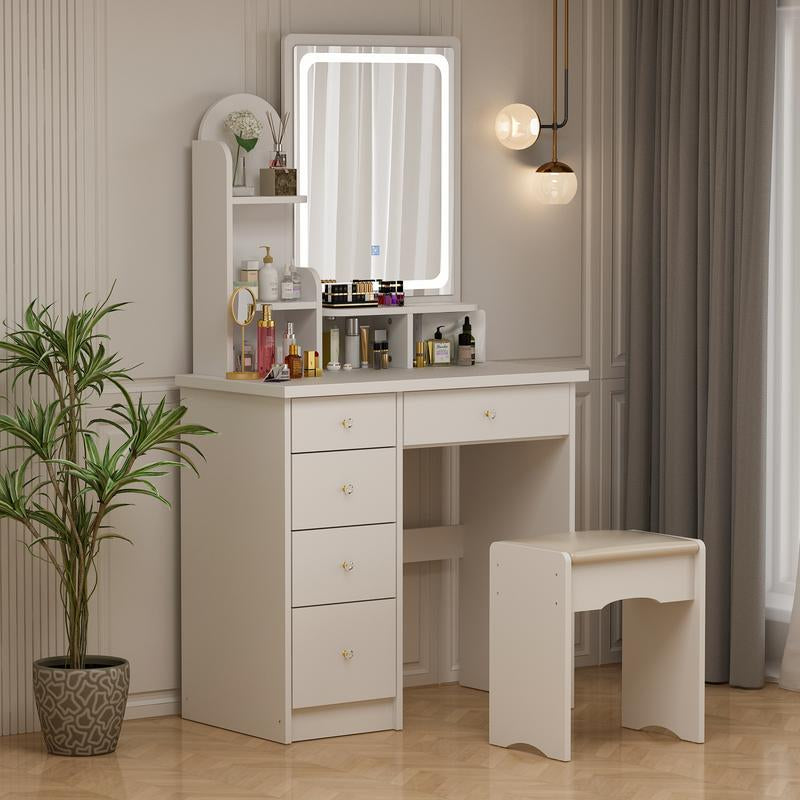 MIDHAM LED Makeup Vanity Set with Drawer and Shelf, Wood Dressing Table with Lighted Screen Mirror and Jewelry Organizer for Bedroom,