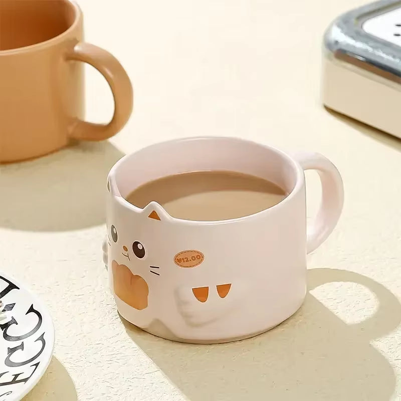 Cartoon Cat Cup 300ML Ceramics Stacked Cup Household Water Goblet Creative Cat'S Ear Mug Copper Cups with Handle Ceramic Mug