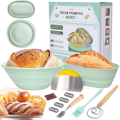 Upgraded Thickened Version Silicone Banneton Bread Proofing Baskets 9 Inch round & 10 Inch Oval Sourdough Safe Baking Basket Complete Set for Bread Making with Tools, Foldable Design for Convenient Storage，Kitchen Bakeware Tools，Kitchen Utensils