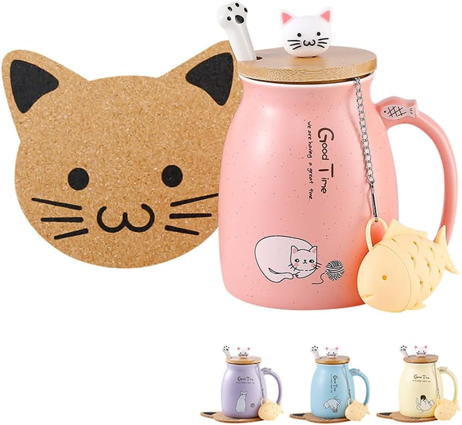 Kawaii Tea Cup with Infuser Cute Cat Mug Ceramic Coffee Mug Tea Mug Pink Cute Cool Preppy Stuff Gifts for Women Cat Lover Gifts 13Oz