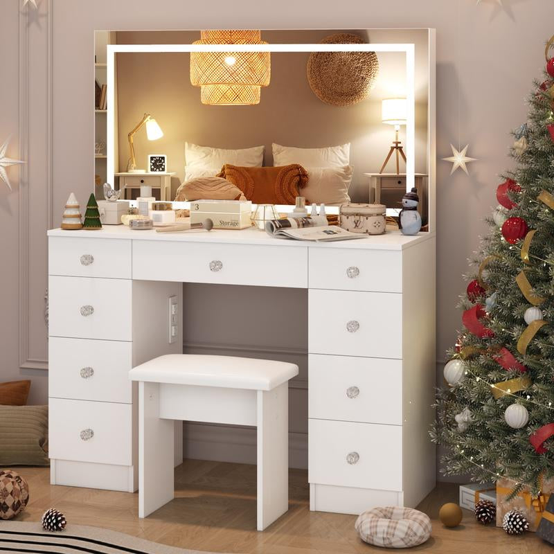 VOWNER 43" Makeup Vanity Desk with White Table Top,Lighted Mirror ,9 Drawers, Soft Cushioned Stool for Bedroom